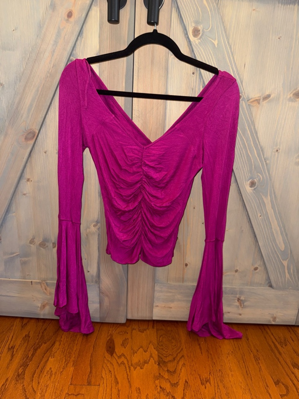 Ruched V-Neck Long Sleeve Top in Magenta